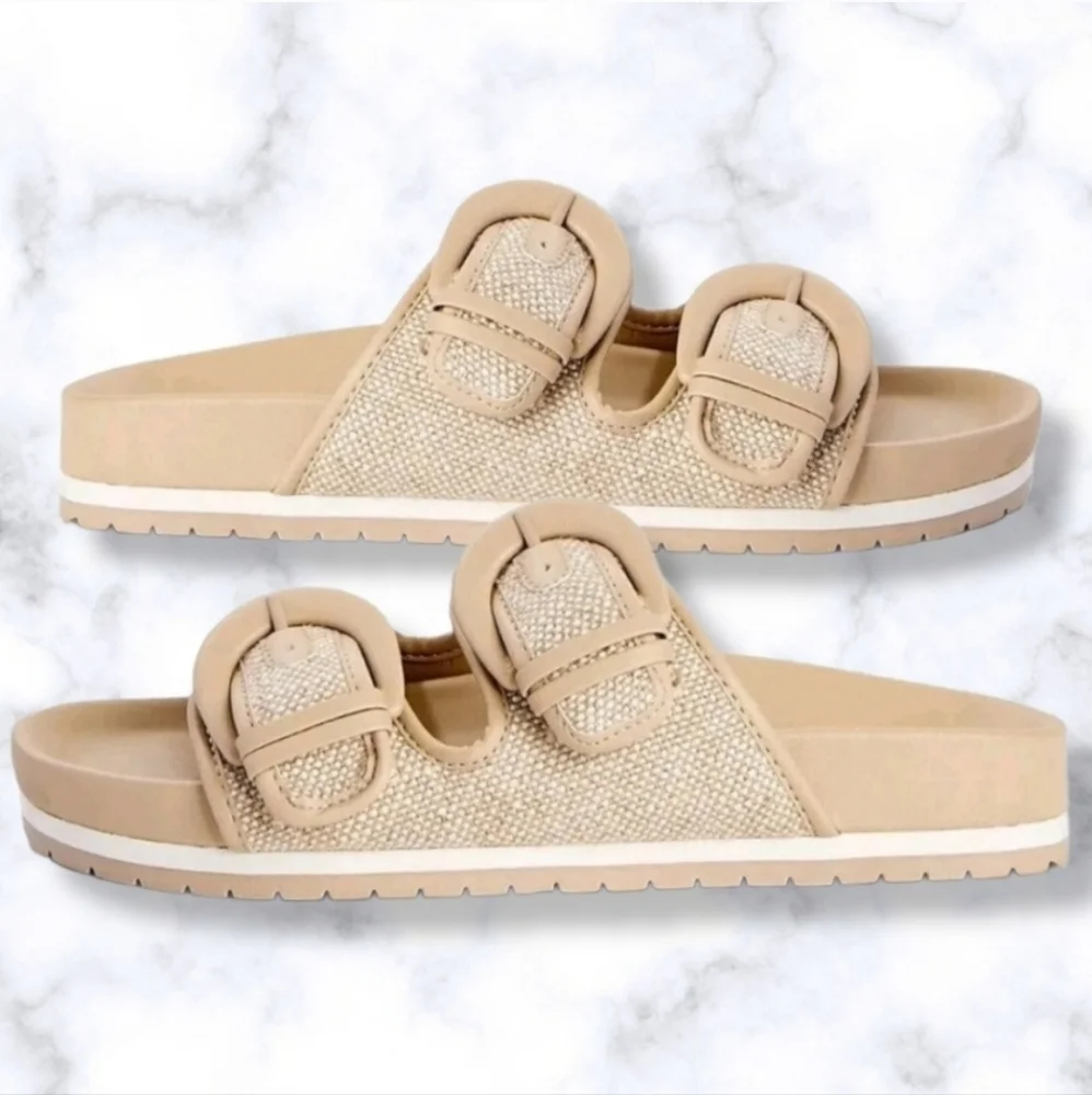 #466 New Women's Footbed Slides Sandals Flats Khaki Cream White Size 11 Shoes - Picture 3 of 6